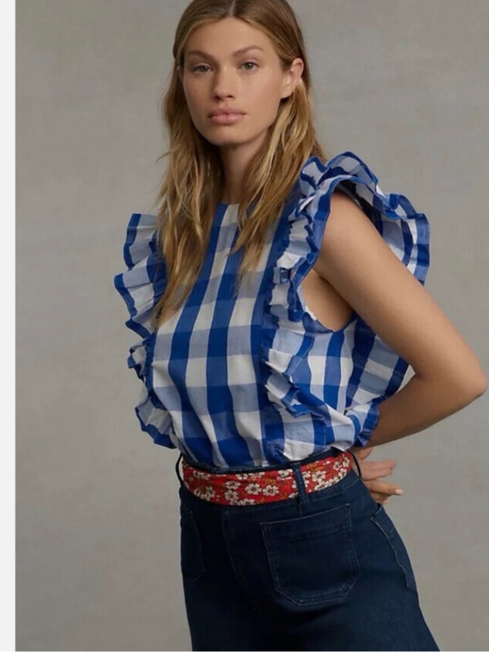 Anthropologie WHIT TWO Blue and White Gingham Ruffle Sleeve Top
